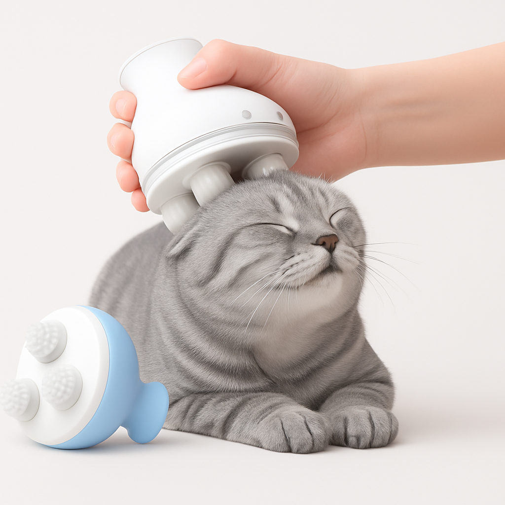Electric cat massager gently relaxing a gray cat with a handheld device.