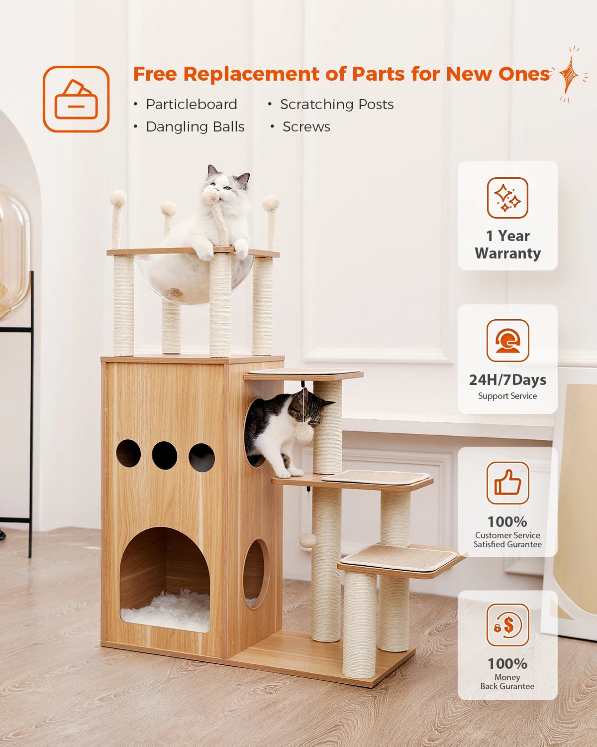 Pawtailed 🐾 Modern Wood Cat Tree – Extra Tall Indoor Castle for Stylish Home