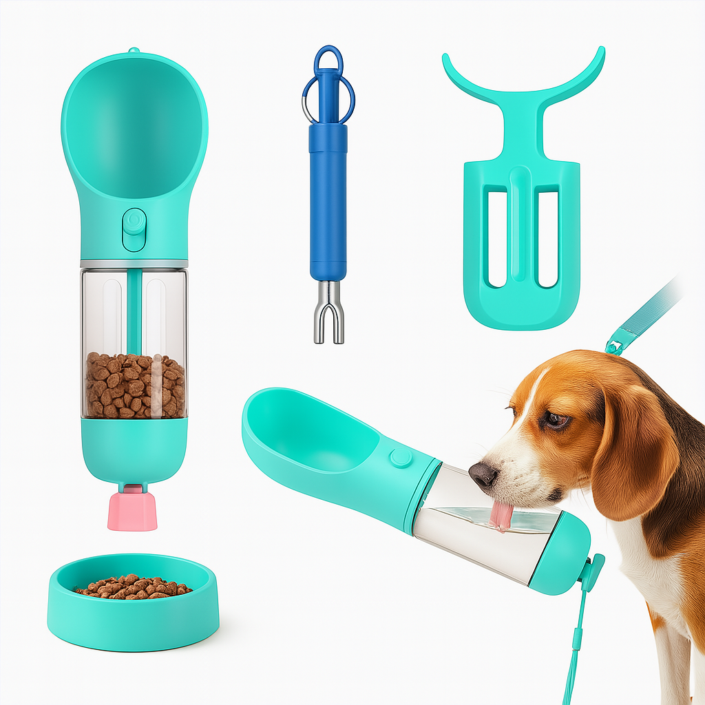 4 in 1 portable water bowl for dogs with built-in food container, water bottle, poop bag holder and scoop.