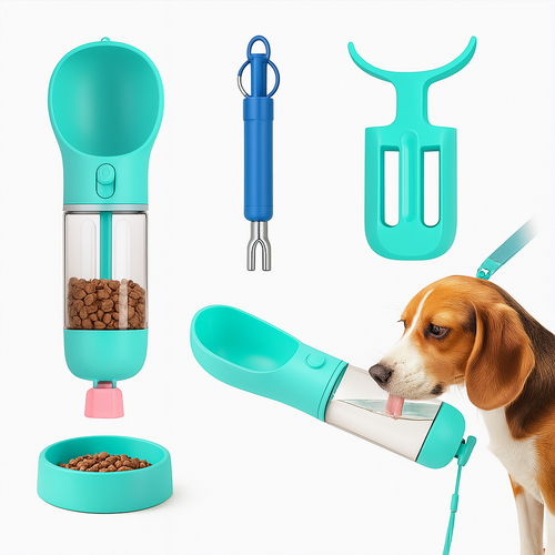 4 in 1 portable water bowl for dogs with built-in food container, water bottle, poop bag holder and scoop.